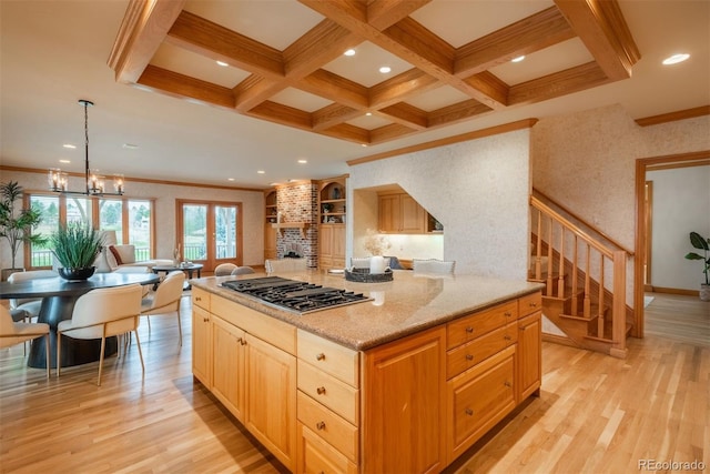 101 Glenmoor Ln, Cherry Hills Village, CO 80113 - kitchen with stainless steel gas stovetop, beam ceiling, light wood finished floors, coffered ceiling, and recessed lighting