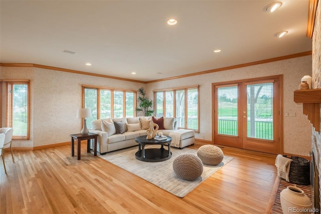 101 Glenmoor Ln, Cherry Hills Village, CO 80113 - living room featuring plenty of natural light, light wood-style floors, crown molding, and recessed lighting