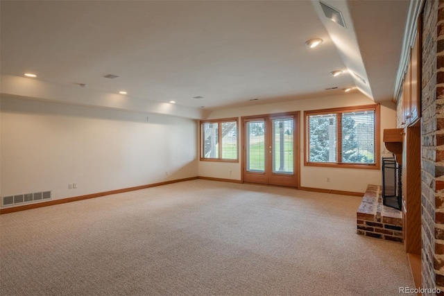 101 Glenmoor Ln, Cherry Hills Village, CO 80113 - unfurnished living room featuring light carpet, a large fireplace, and recessed lighting