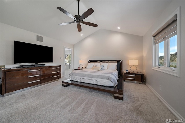 carpeted bedroom with visible vents, a ceiling fan, recessed lighting, baseboards, and vaulted ceiling