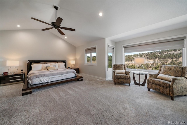 carpeted bedroom with high vaulted ceiling, recessed lighting, a ceiling fan, and baseboards