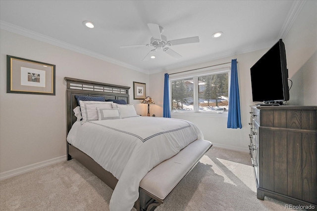 bedroom featuring recessed lighting, baseboards, carpet flooring, and crown molding