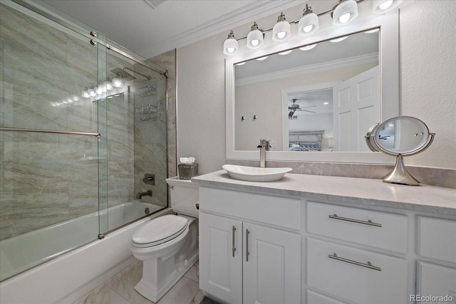 full bath with toilet, crown molding, enclosed tub / shower combo, vanity, and a textured wall