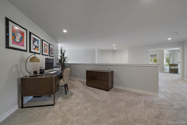 carpeted home office featuring recessed lighting and baseboards