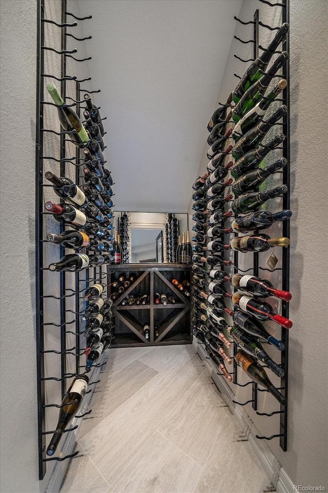 wine area featuring lofted ceiling and wood finished floors