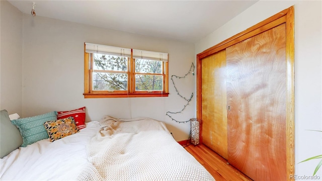 bedroom with light wood-type flooring, baseboards, and a closet