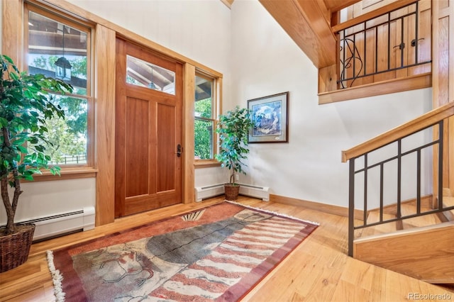 foyer with light hardwood / wood-style floors and a baseboard radiator