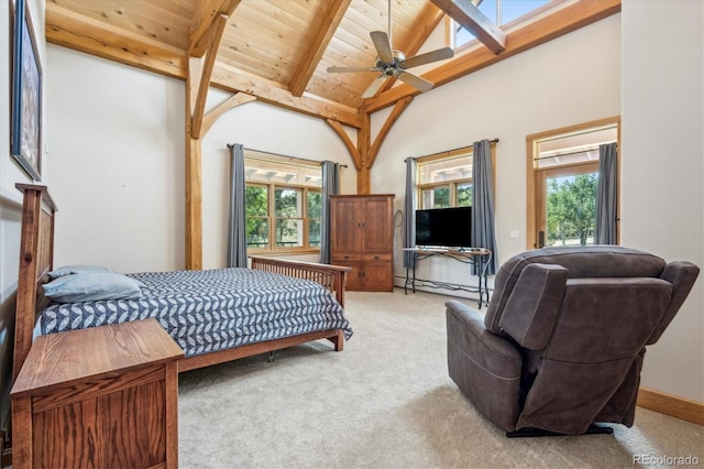 bedroom featuring light carpet, wood ceiling, multiple windows, and ceiling fan