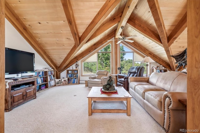 living room with carpet flooring, lofted ceiling with beams, wood ceiling, ceiling fan, and a baseboard heating unit