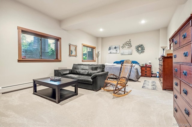 carpeted living room featuring beamed ceiling and a baseboard radiator