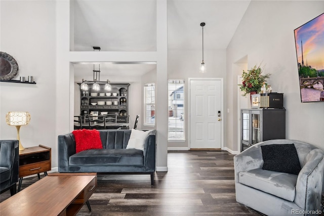 living room featuring high vaulted ceiling and dark wood-type flooring