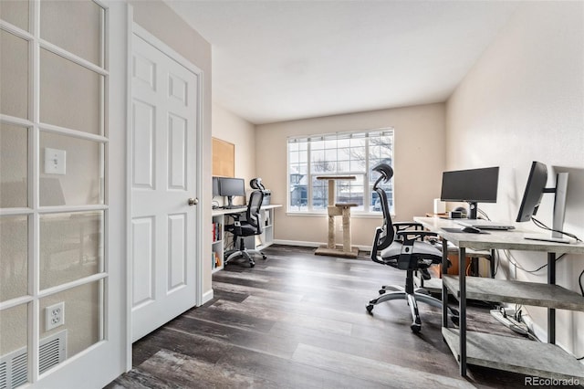 home office featuring dark hardwood / wood-style flooring