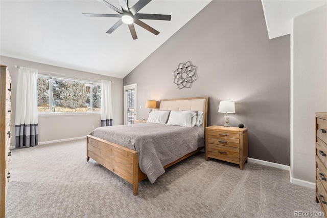 bedroom featuring ceiling fan, high vaulted ceiling, and light colored carpet