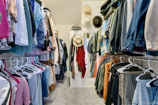 walk in closet with light carpet