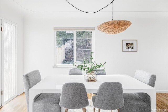 dining space with wood finished floors