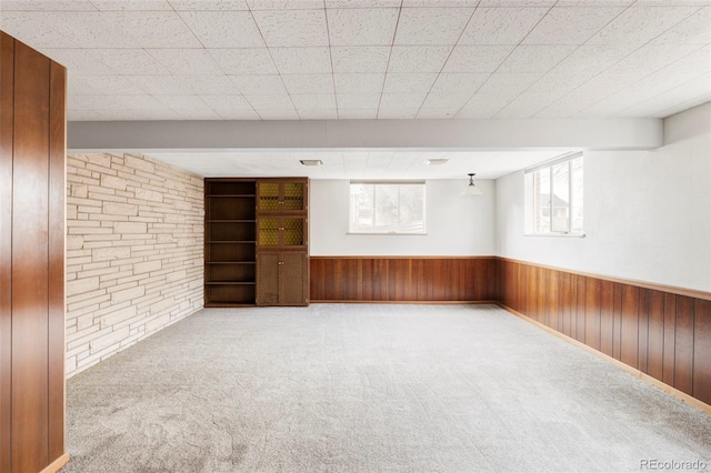 below grade area featuring wood walls, wainscoting, and carpet flooring