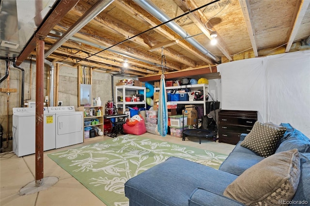 12812 Jasmine St Unit C, Thornton, CO 80602 - unfinished basement featuring washer and clothes dryer and electric panel