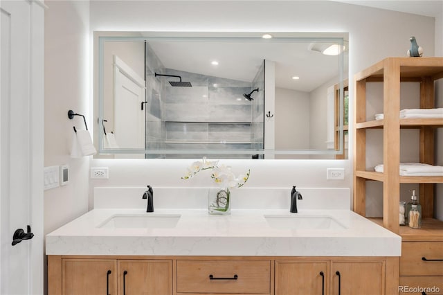 bathroom with a tile shower, vanity, and vaulted ceiling