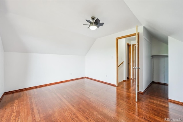 429 Overlook Dr, Bailey, CO 80421 - additional living space with wood finished floors, lofted ceiling, and a ceiling fan