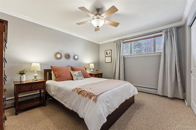 carpeted bedroom featuring ornamental molding, a baseboard radiator, and a ceiling fan