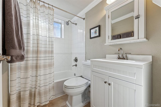 bathroom featuring toilet, ornamental molding, shower / bathtub combination with curtain, tile patterned flooring, and vanity