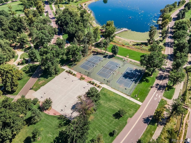 drone / aerial view featuring a water view