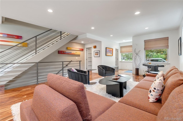 2334 Lowell Blvd, Denver, CO 80211 - living room with wood finished floors, recessed lighting, and stairs