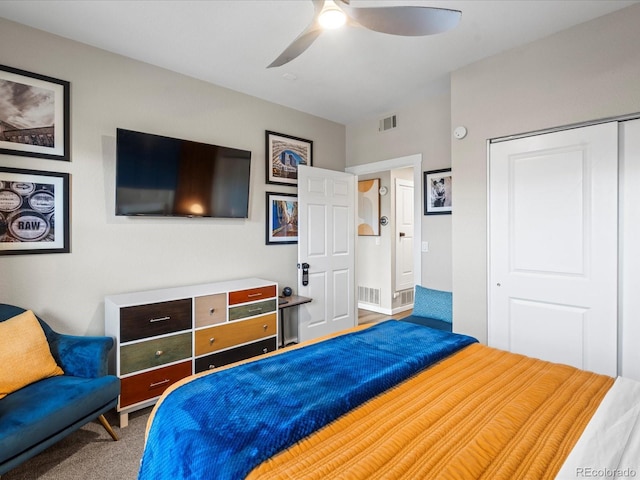 bedroom featuring ceiling fan, a closet, and carpet