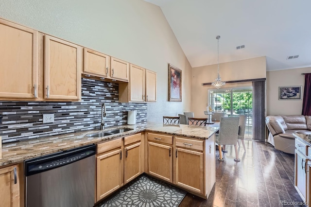22560 E Ontario Dr Unit 204, Aurora, CO 80016 - kitchen featuring dishwasher, a peninsula, light brown cabinets, dark wood-style flooring, and decorative backsplash