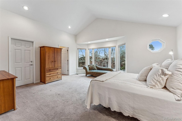 bedroom with light carpet, recessed lighting, high vaulted ceiling, and baseboards