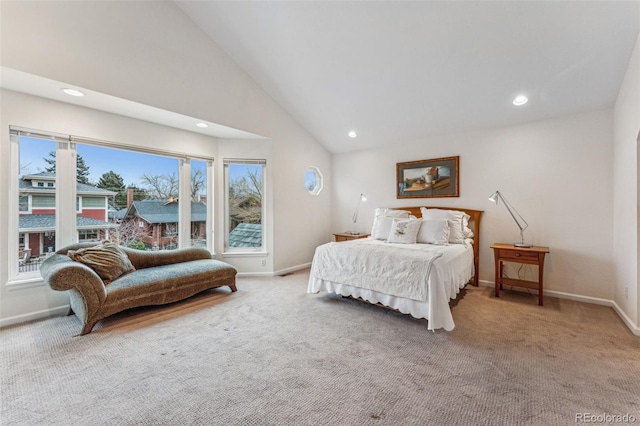 carpeted bedroom featuring recessed lighting, baseboards, and high vaulted ceiling