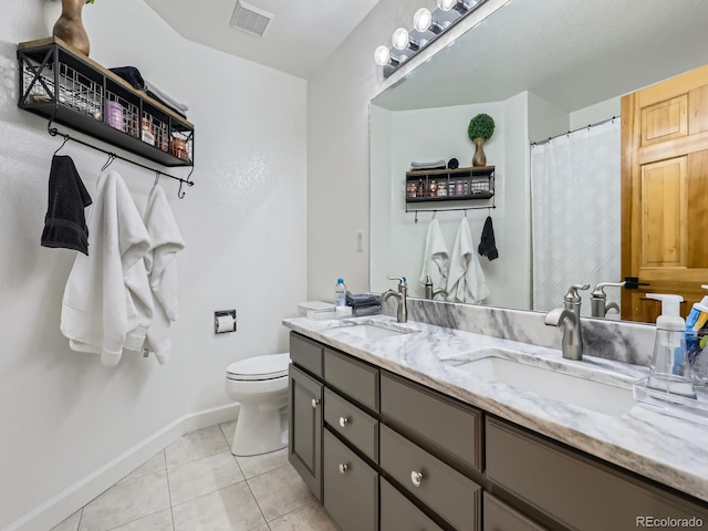 6366 Umber Cir, Arvada, CO 80403 - bathroom with baseboards, toilet, tile patterned floors, double vanity, and a shower with shower curtain