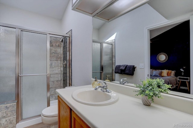 bathroom with toilet, vanity, a stall shower, and ensuite bath