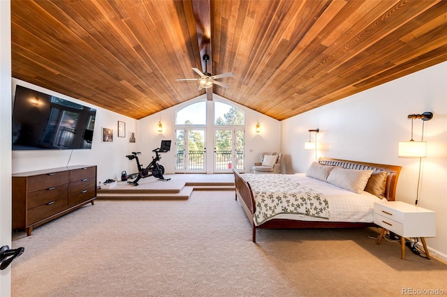 bedroom featuring lofted ceiling, carpet floors, wooden ceiling, and access to exterior