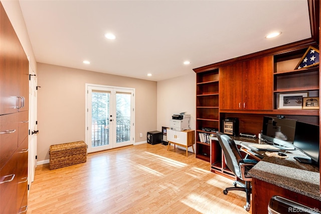 home office with recessed lighting, light wood-style flooring, baseboards, and french doors