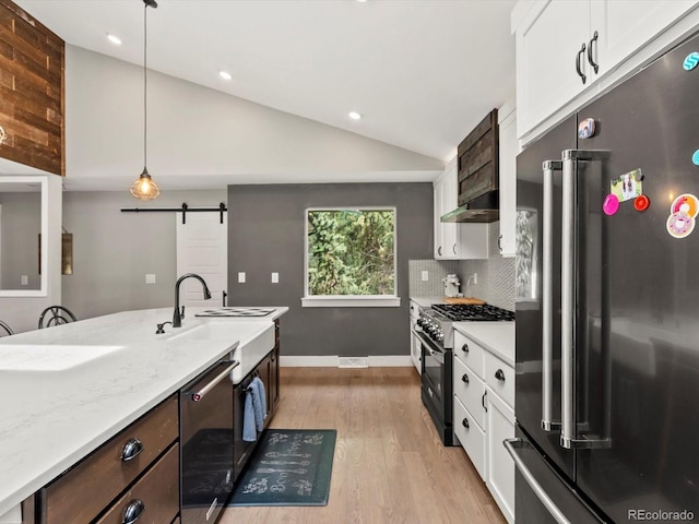 280 E 11th Ave, Broomfield, CO 80020 - kitchen featuring high quality appliances, a barn door, light wood finished floors, white cabinets, and lofted ceiling