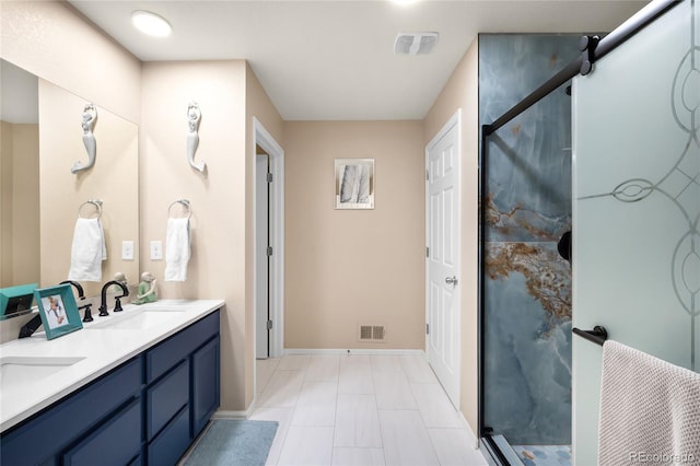 bathroom featuring walk in shower and vanity