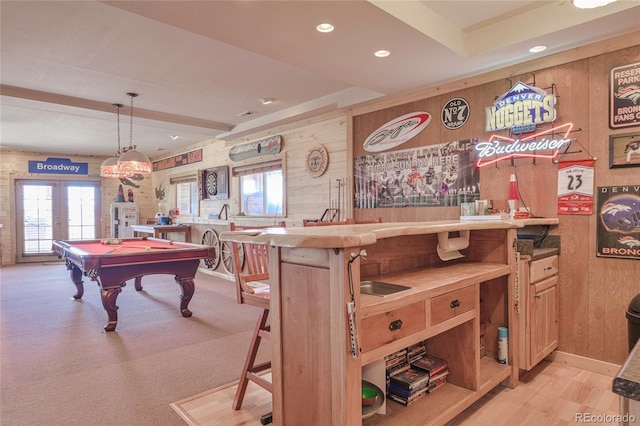 216 Rainbow Ridge Rd, Canon City, CO 81212 - rec room featuring billiards table, wooden walls, recessed lighting, plenty of natural light, and french doors
