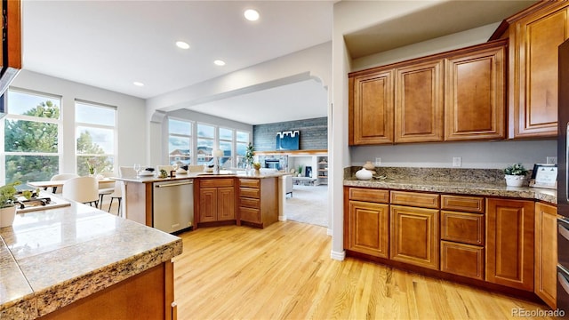 kitchen with light hardwood / wood-style flooring, stainless steel dishwasher, plenty of natural light, and sink