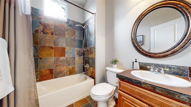 full bathroom featuring vanity, toilet, and shower / tub combo with curtain