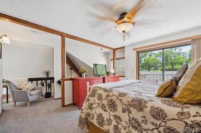 bedroom with access to outside, a textured ceiling, light colored carpet, a ceiling fan, and baseboards