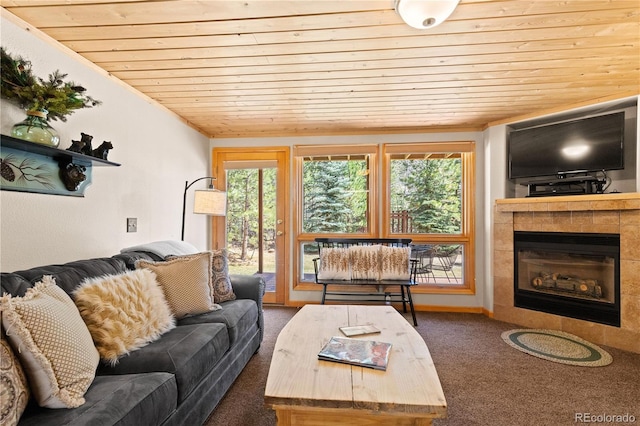 1400 David Dr Unit 1, Estes Park, CO 80517 - carpeted living area with wooden ceiling, ornamental molding, and a tile fireplace