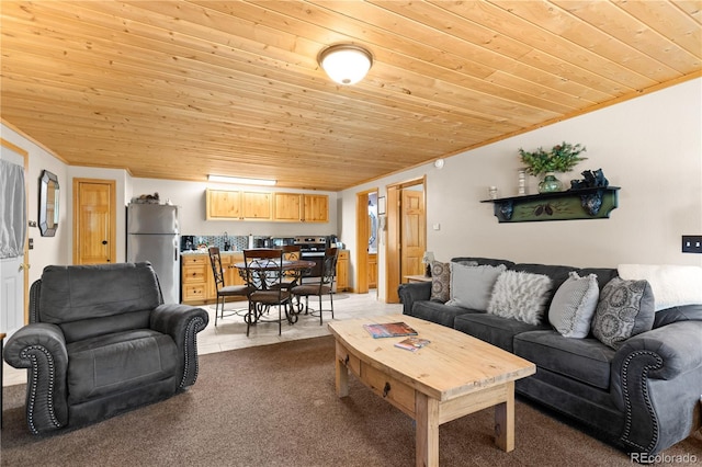 1400 David Dr Unit 1, Estes Park, CO 80517 - living room with crown molding, wood ceiling, and dark carpet
