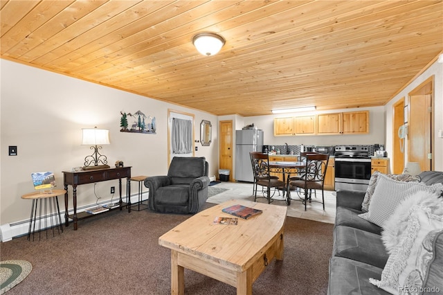 1400 David Dr Unit 1, Estes Park, CO 80517 - carpeted living area with crown molding, wood ceiling, and baseboard heating