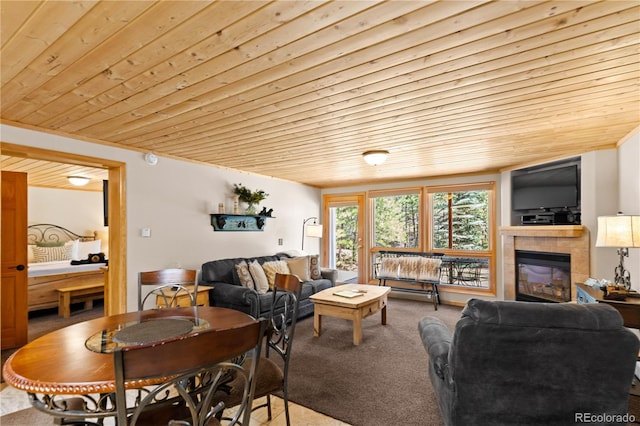 1400 David Dr Unit 1, Estes Park, CO 80517 - carpeted living room with wooden ceiling and a fireplace