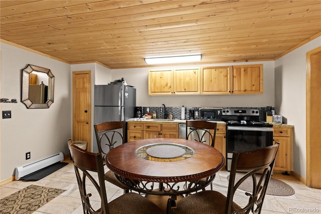 1400 David Dr Unit 1, Estes Park, CO 80517 - kitchen featuring ornamental molding, wood ceiling, a baseboard heating unit, and stainless steel appliances