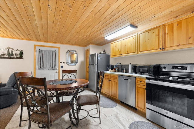 1400 David Dr Unit 1, Estes Park, CO 80517 - kitchen featuring ornamental molding, light countertops, wooden ceiling, a sink, and stainless steel appliances