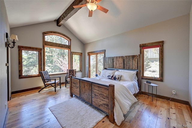 bedroom with high vaulted ceiling, beam ceiling, ceiling fan, and light wood-type flooring