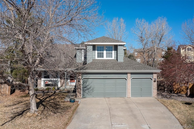 view of front of property featuring driveway, brick siding, and roof with shingles