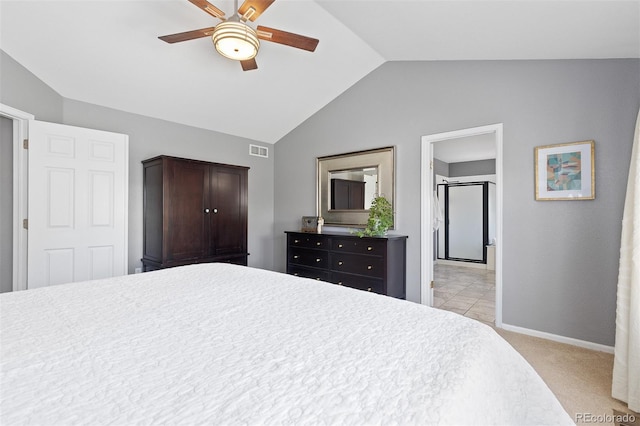 bedroom with baseboards, visible vents, light colored carpet, ceiling fan, and vaulted ceiling